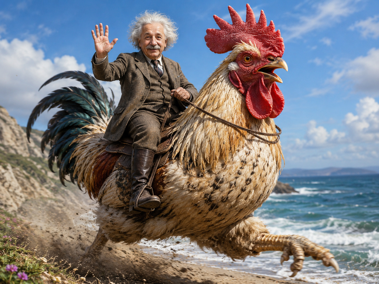 A playful image of Einstein riding a rooster along the coast.